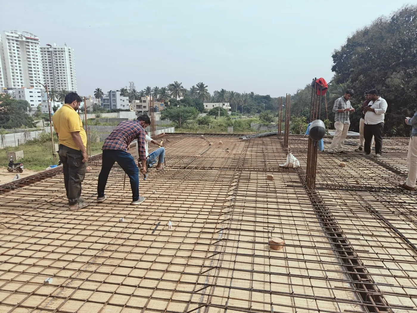 Reinforcement mesh laid out across a slab