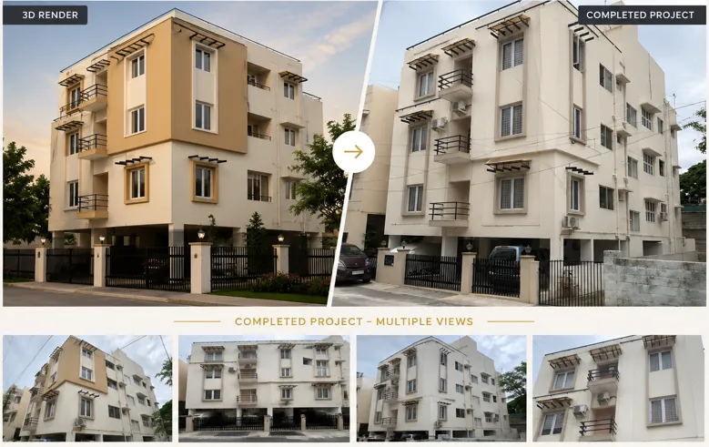 Completed apartment project shown from multiple angles