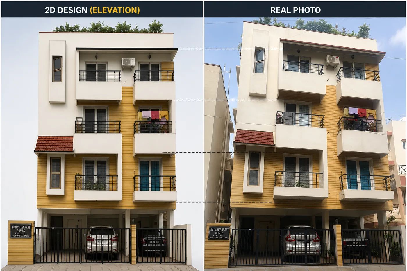 Two-dimensional elevation drawing beside the completed building