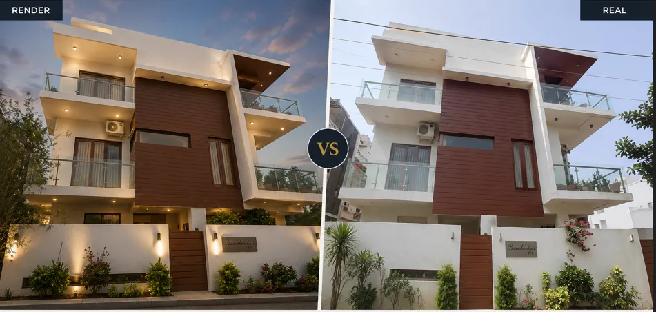 3D render of a villa placed beside a photograph of the finished building