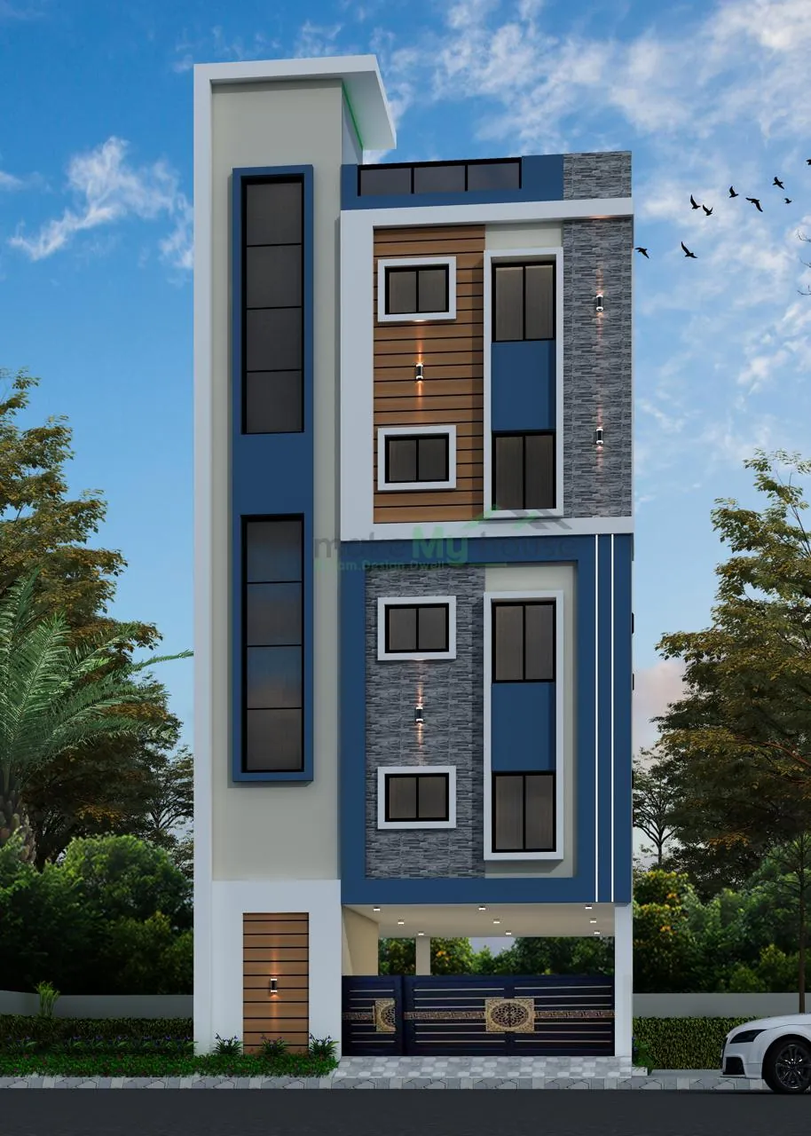 Villa with a blue and timber elevation